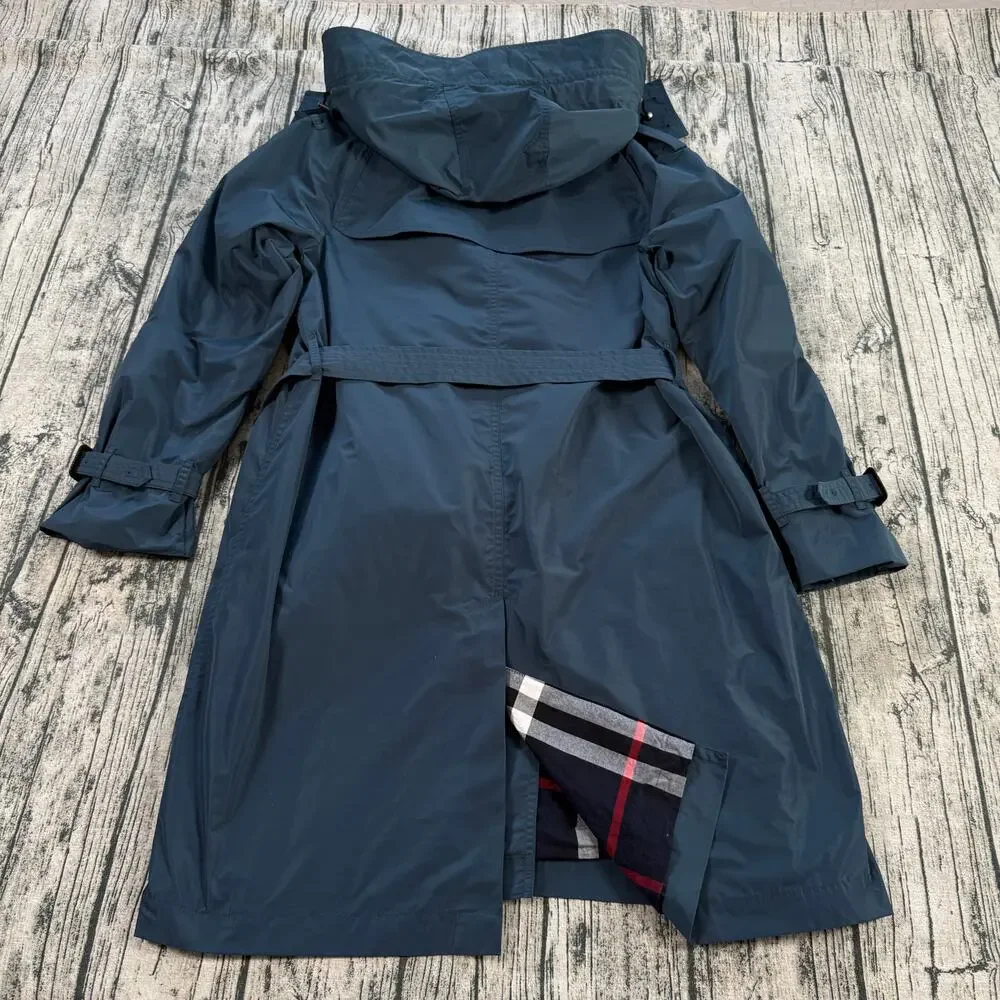 Burberry London Blue Trench Coat Women Hooded Belted Nova Check Lined Size 14 - Picture 3 of 16